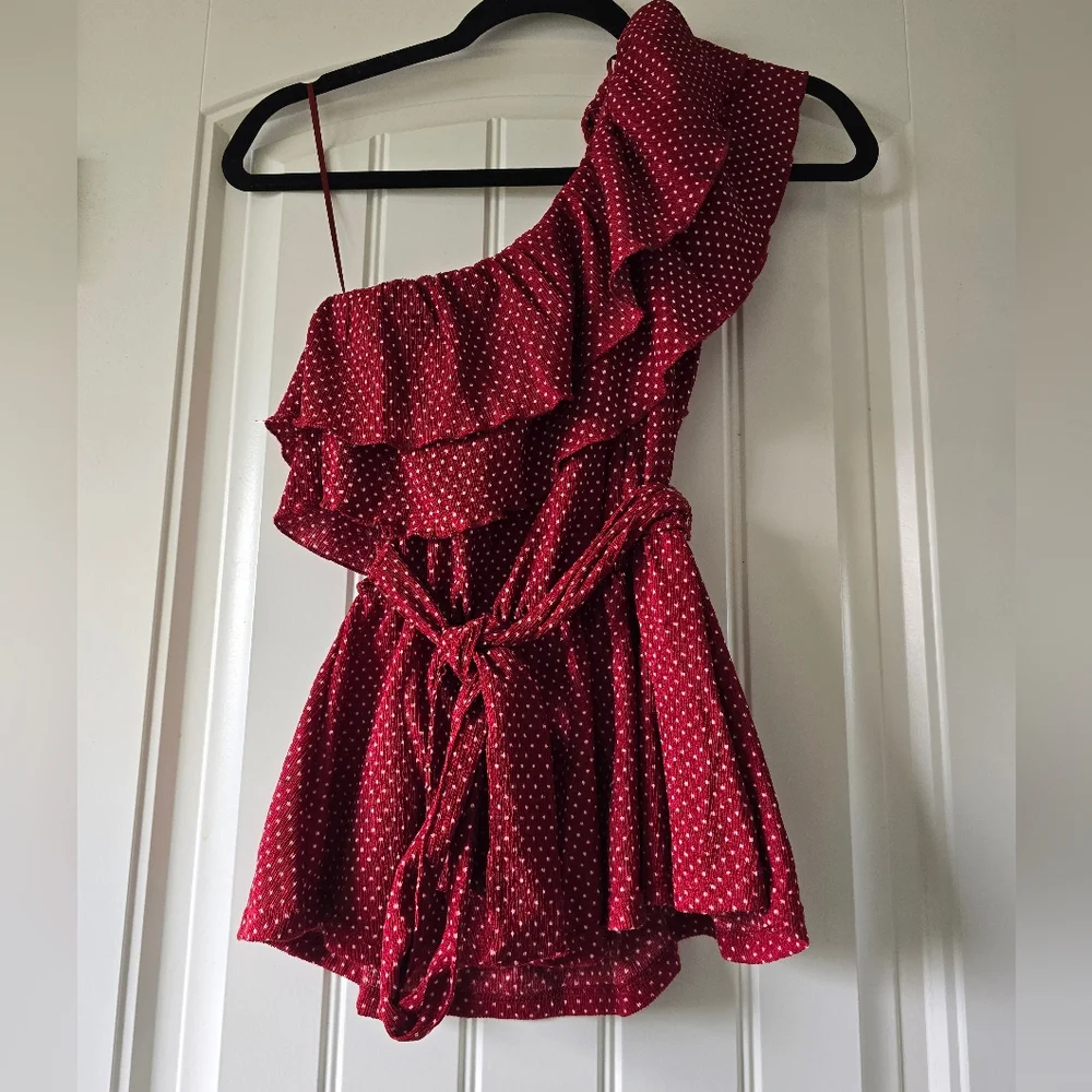 Anthropologie Maeve Rita One Shoulder Ruffle Top Red Polka Dot Tie Waist Small - Picture 13 of 14